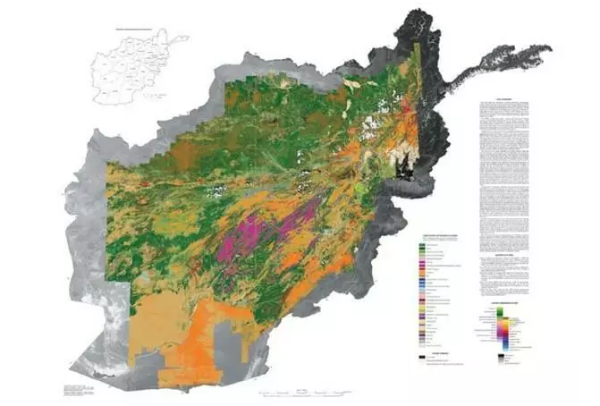 阿富汗礦床圖，由美國地質勘探局（USGS）收集的高光譜圖像數據編制而成。（圖片來源：USGS)