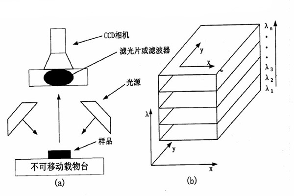 基于濾波器或濾波片的高光譜圖像系統圖和此系統下獲得的圖像數據示意圖